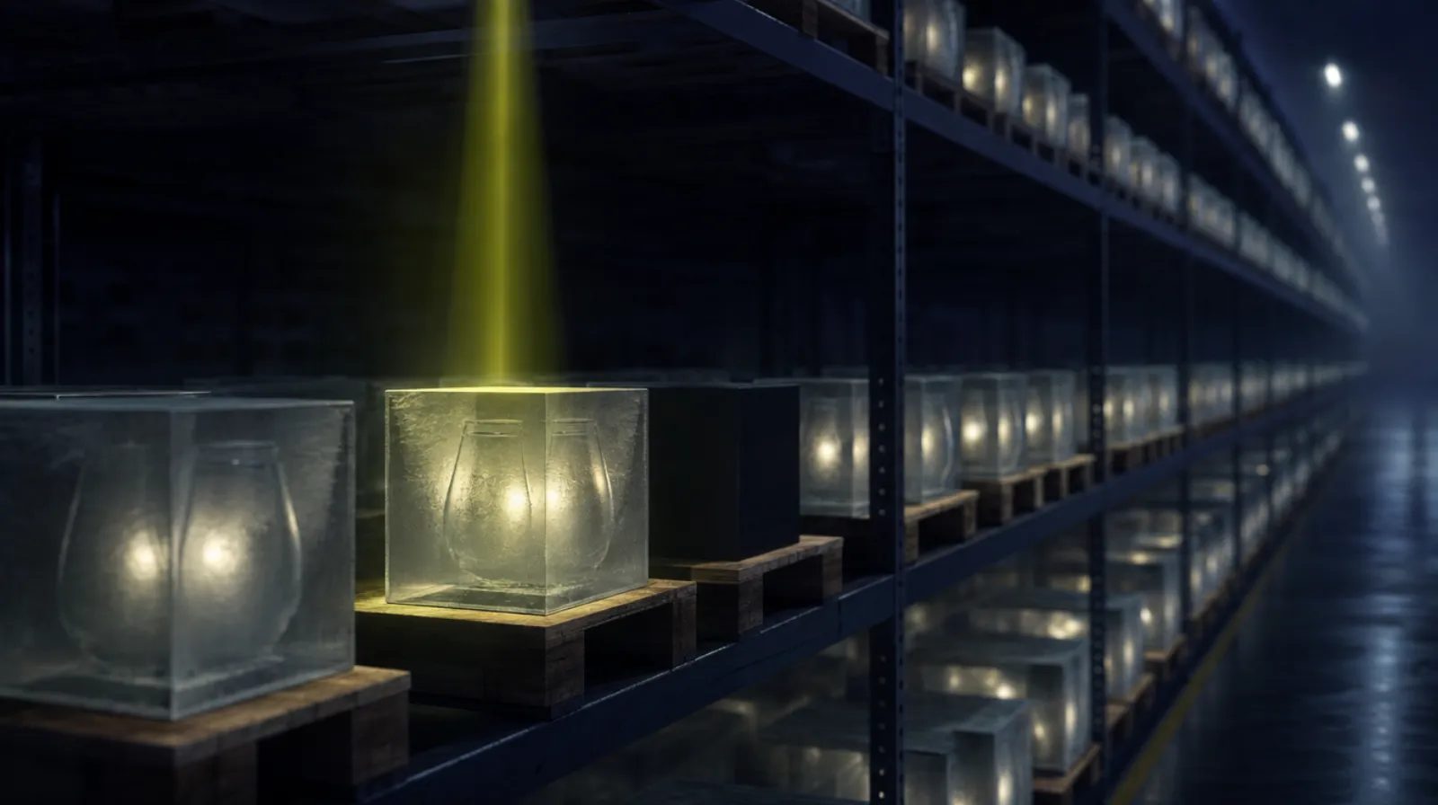 Raft de depozit cu produse din sticlă luminate; unul stins, fără stoc